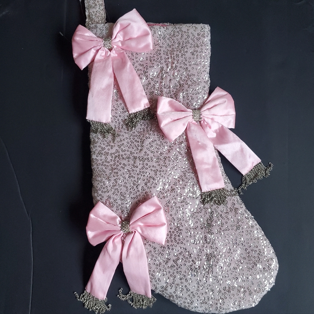 Silver Sequin Pink Christmas Stocking with Pink Satin Bows Rhinestones & Fringe